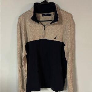 Nautica Tan and Dark Blue Half-Zip Sweater
